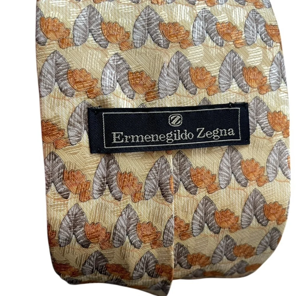Ermenegildo Zegna mens necktie Abstract Leaf 100% Silk Made in Italy gold yellow